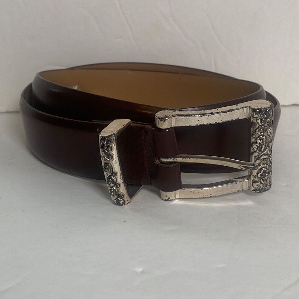 Donna Katz Brown Leather Belt Size M – Western Floral Silver-Tone Buckle & Tip